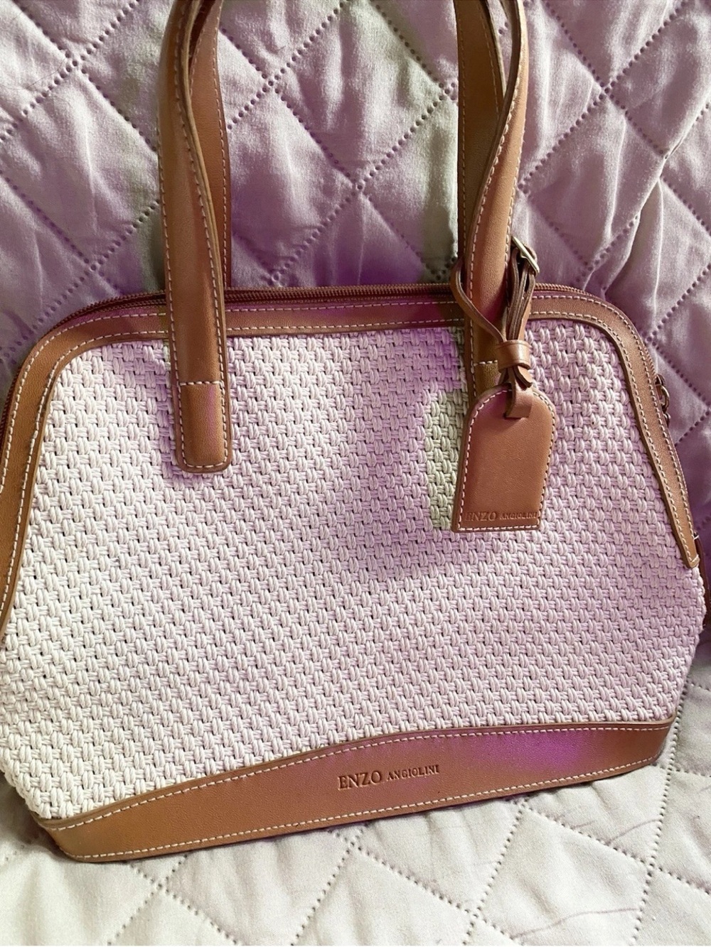 Enzo Angiolini Cream Woven Shoulder Bag with Brown Trim